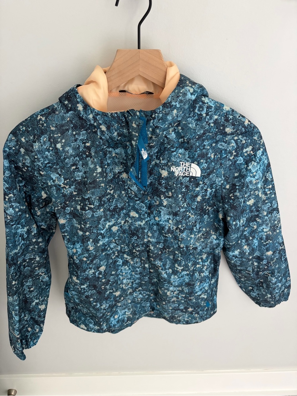 The North Face Girls' Blue Speckled Hooded Jacket with Peach Lining